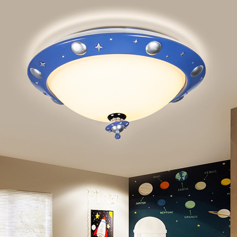 UFO Kids Room LED Ceiling Flush Resin Minimalistic Flush Mount Lighting in Blue with White Glass Shade Blue Clearhalo 'Ceiling Lights' 'Close To Ceiling Lights' 'Close to ceiling' 'Flush mount' Lighting' 1062956