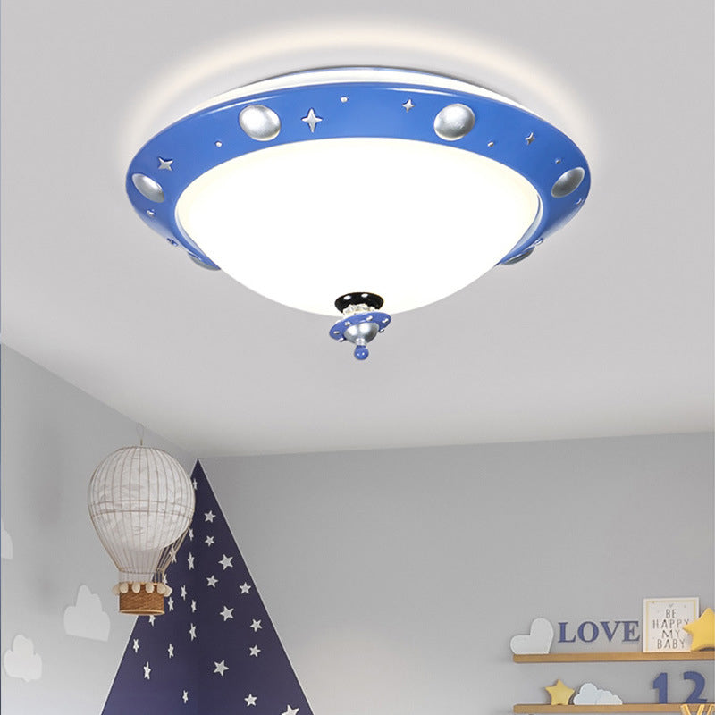 UFO Kids Room LED Ceiling Flush Resin Minimalistic Flush Mount Lighting in Blue with White Glass Shade Clearhalo 'Ceiling Lights' 'Close To Ceiling Lights' 'Close to ceiling' 'Flush mount' Lighting' 1062957
