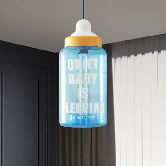 Kids Style Milk Bottle Drop Pendant Blue Glass 1-Head Baby Room Hanging Ceiling Light Blue Clearhalo 'Ceiling Lights' 'Glass shade' 'Glass' 'Pendant Lights' 'Pendants' Lighting' 1063029