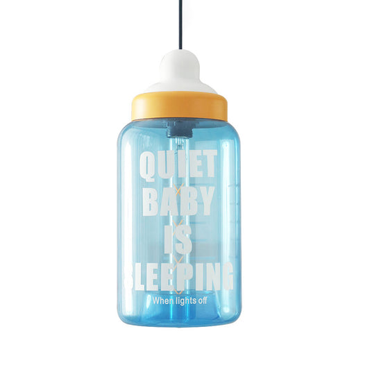 Kids Style Milk Bottle Drop Pendant Blue Glass 1-Head Baby Room Hanging Ceiling Light Clearhalo 'Ceiling Lights' 'Glass shade' 'Glass' 'Pendant Lights' 'Pendants' Lighting' 1063031