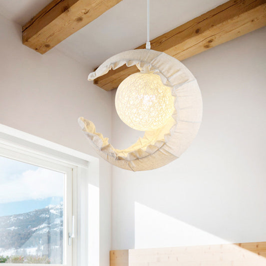 Nordic Crescent Hanging Light Fixture Fabric Single Balcony Ceiling Pendant with Rattan Ball Shade in Flaxen Clearhalo 'Ceiling Lights' 'Pendant Lights' 'Pendants' Lighting' 1063055