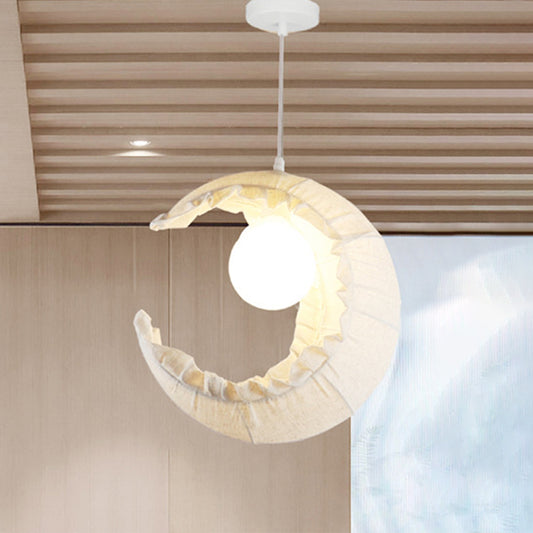 Nordic Crescent Hanging Light Fixture Fabric Single Balcony Ceiling Pendant with Rattan Ball Shade in Flaxen Clearhalo 'Ceiling Lights' 'Pendant Lights' 'Pendants' Lighting' 1063056