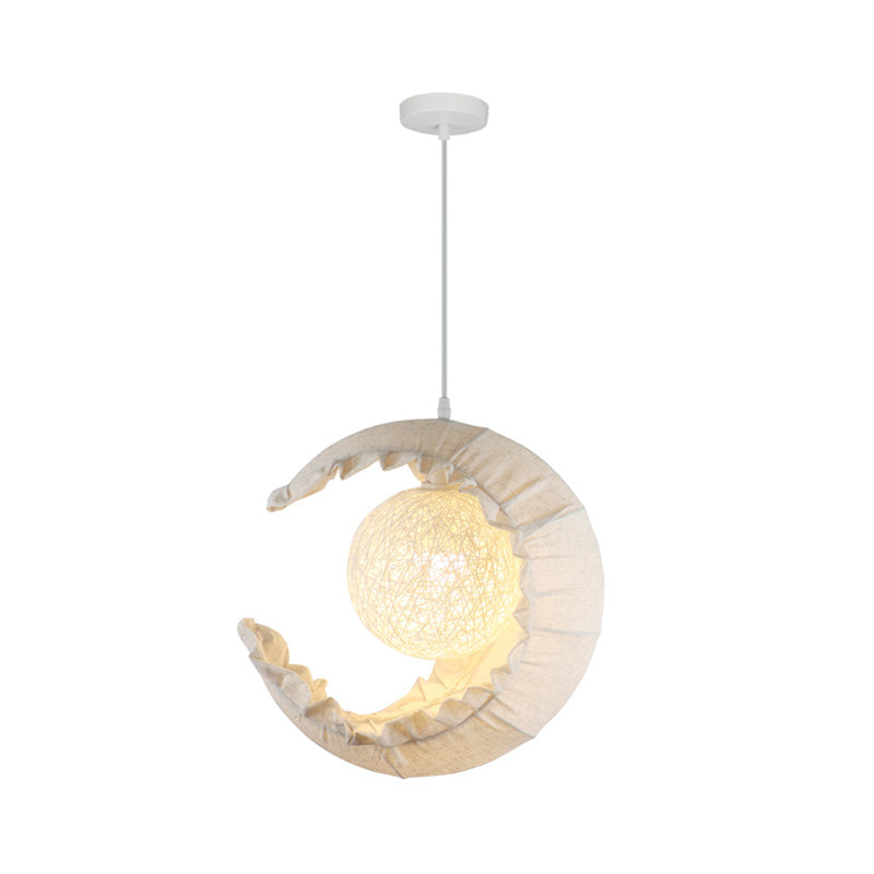 Nordic Crescent Hanging Light Fixture Fabric Single Balcony Ceiling Pendant with Rattan Ball Shade in Flaxen Clearhalo 'Ceiling Lights' 'Pendant Lights' 'Pendants' Lighting' 1063057