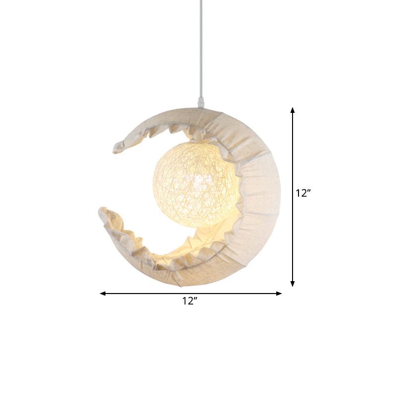 Nordic Crescent Hanging Light Fixture Fabric Single Balcony Ceiling Pendant with Rattan Ball Shade in Flaxen Clearhalo 'Ceiling Lights' 'Pendant Lights' 'Pendants' Lighting' 1063058