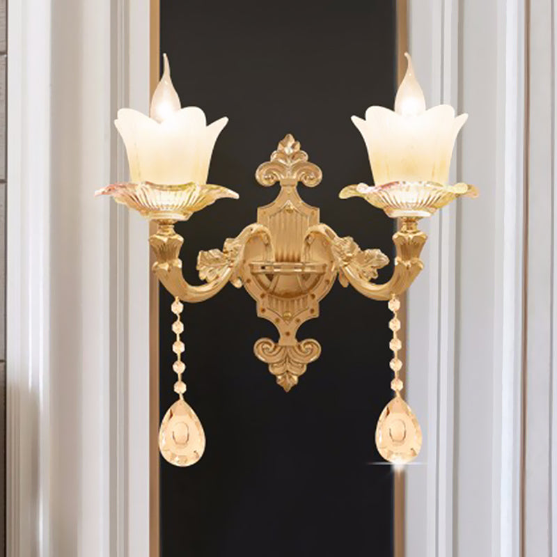 Scalloped Bedside Wall Lamp Traditional Frosted Glass 1/2-Bulb Gold Sconce Light Fixture 2.0 Gold Clearhalo 'Wall Lamps & Sconces' 'Wall Lights' Lighting' 1063115