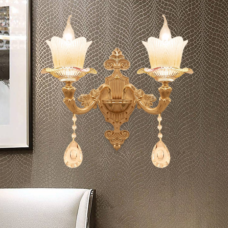 Scalloped Bedside Wall Lamp Traditional Frosted Glass 1/2-Bulb Gold Sconce Light Fixture Clearhalo 'Wall Lamps & Sconces' 'Wall Lights' Lighting' 1063117