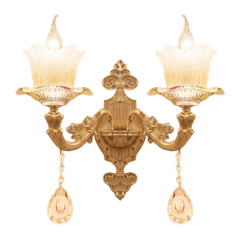 Scalloped Bedside Wall Lamp Traditional Frosted Glass 1/2-Bulb Gold Sconce Light Fixture Clearhalo 'Wall Lamps & Sconces' 'Wall Lights' Lighting' 1063118