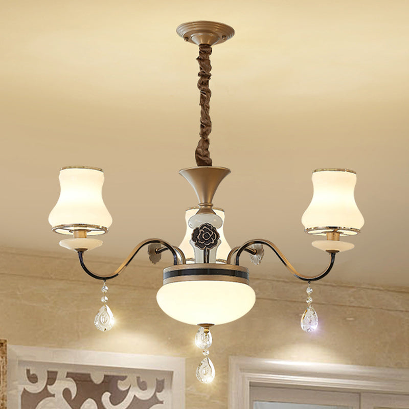 3 Lights Milk Glass Drop Lamp Retro Gold Curved Shape Restaurant Ceiling Chandelier Gold Clearhalo 'Ceiling Lights' 'Chandeliers' 'Modern Chandeliers' 'Modern' Lighting' 1063160