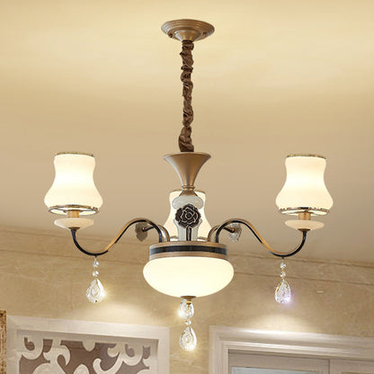 3 Lights Milk Glass Drop Lamp Retro Gold Curved Shape Restaurant Ceiling Chandelier Gold Clearhalo 'Ceiling Lights' 'Chandeliers' 'Modern Chandeliers' 'Modern' Lighting' 1063160