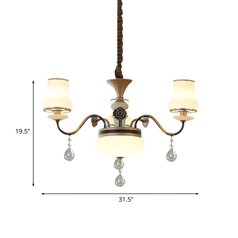 3 Lights Milk Glass Drop Lamp Retro Gold Curved Shape Restaurant Ceiling Chandelier Clearhalo 'Ceiling Lights' 'Chandeliers' 'Modern Chandeliers' 'Modern' Lighting' 1063163