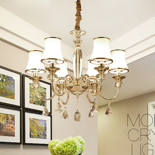 Post-Modern Flared Shade Chandelier 6 Bulbs Opaline Glass Hanging Lamp in Gold with Crystal Drop Gold Clearhalo 'Ceiling Lights' 'Chandeliers' 'Modern Chandeliers' 'Modern' Lighting' 1063164