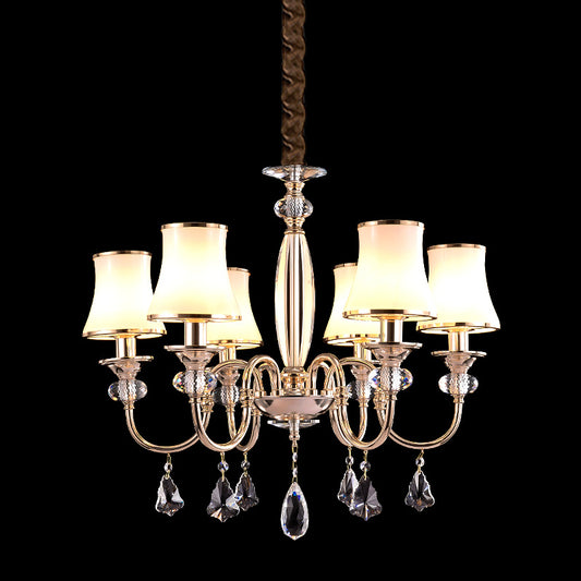 Post-Modern Flared Shade Chandelier 6 Bulbs Opaline Glass Hanging Lamp in Gold with Crystal Drop Clearhalo 'Ceiling Lights' 'Chandeliers' 'Modern Chandeliers' 'Modern' Lighting' 1063165
