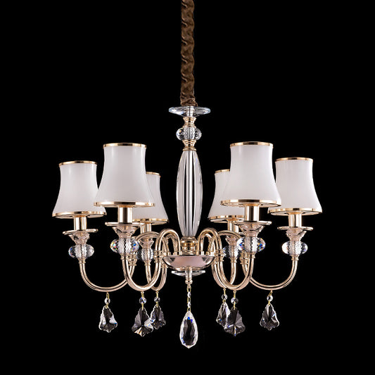 Post-Modern Flared Shade Chandelier 6 Bulbs Opaline Glass Hanging Lamp in Gold with Crystal Drop Clearhalo 'Ceiling Lights' 'Chandeliers' 'Modern Chandeliers' 'Modern' Lighting' 1063166