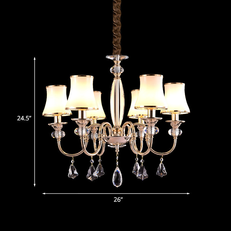 Post-Modern Flared Shade Chandelier 6 Bulbs Opaline Glass Hanging Lamp in Gold with Crystal Drop Clearhalo 'Ceiling Lights' 'Chandeliers' 'Modern Chandeliers' 'Modern' Lighting' 1063167