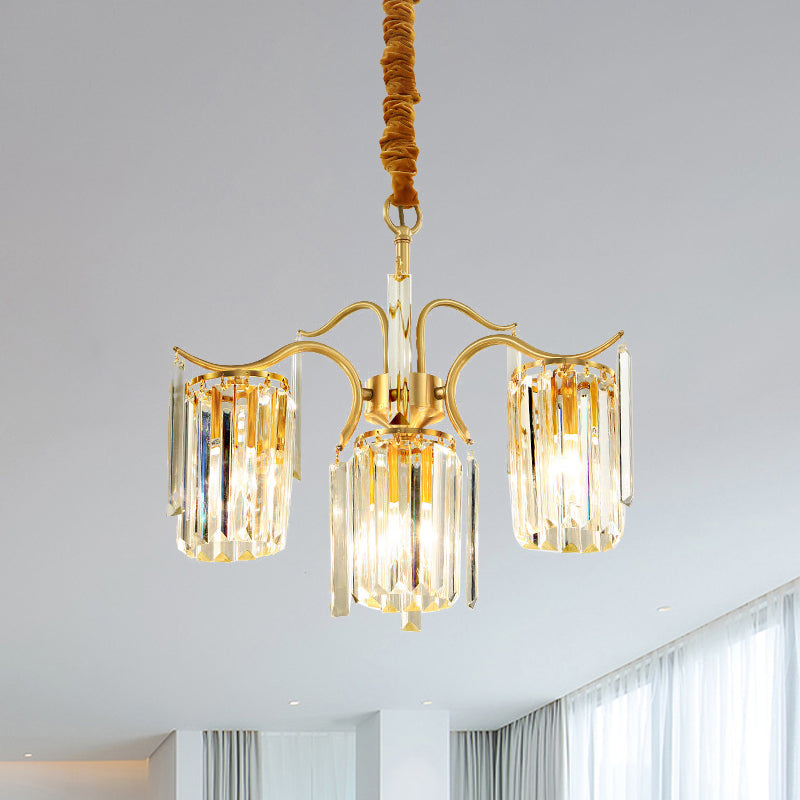 4-Bulb Cylinder Down Lighting Postmodern Brass Crystal Prism Chandelier over Dining Table Brass Clearhalo 'Ceiling Lights' 'Chandeliers' 'Modern Chandeliers' 'Modern' Lighting' 1063176