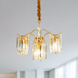 4-Bulb Cylinder Down Lighting Postmodern Brass Crystal Prism Chandelier over Dining Table Brass Clearhalo 'Ceiling Lights' 'Chandeliers' 'Modern Chandeliers' 'Modern' Lighting' 1063176