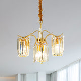4-Bulb Cylinder Down Lighting Postmodern Brass Crystal Prism Chandelier over Dining Table Brass Clearhalo 'Ceiling Lights' 'Chandeliers' 'Modern Chandeliers' 'Modern' Lighting' 1063176
