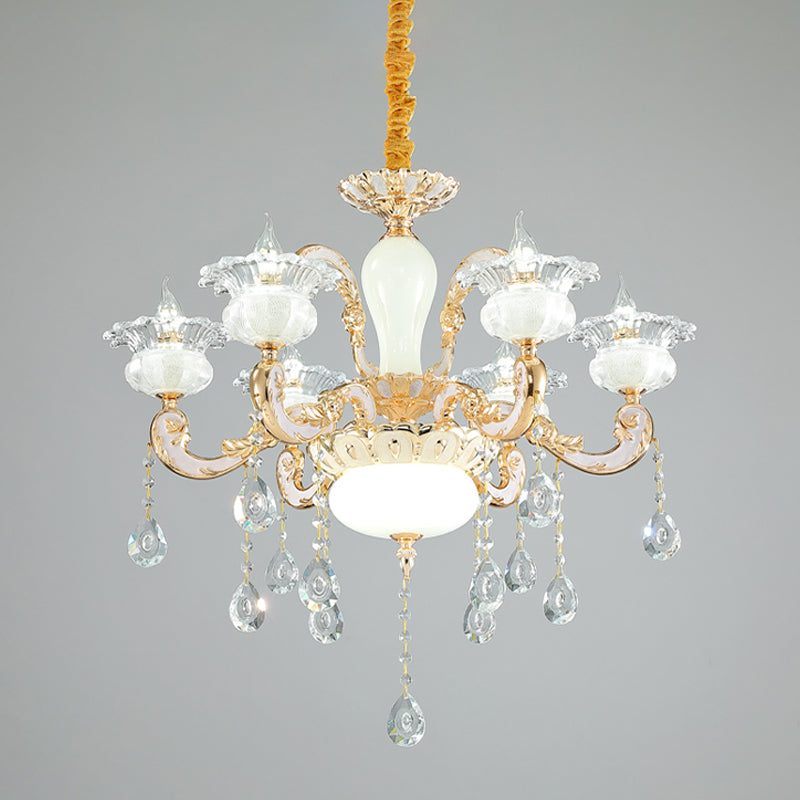 6-Light Clear and Opal Glass Chandelier Contemporary Gold Blossom Bedroom Hanging Pendant Clearhalo 'Ceiling Lights' 'Chandeliers' 'Modern Chandeliers' 'Modern' Lighting' 1063181