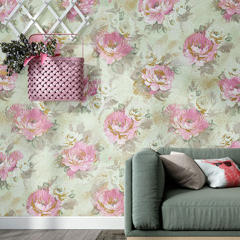 Blossoming Roses Wall Decor 20.5 in x 33 ft Rural Wallpaper Roll for Girls Bedroom Green-Pink Clearhalo 'Country wall decor' 'Rustic' 'Wallpaper' Wall Decor' 1063233