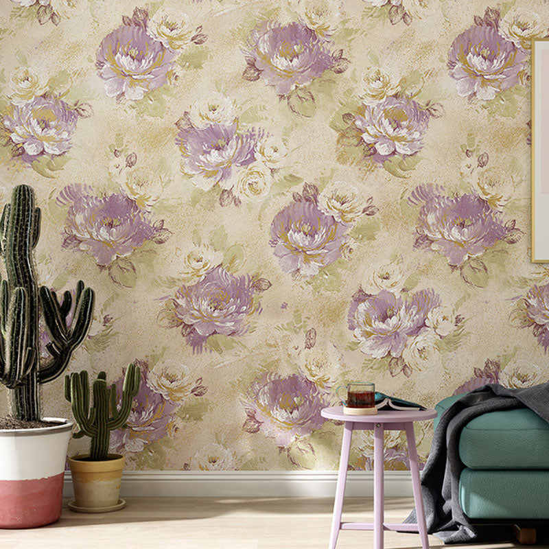 Blossoming Roses Wall Decor 20.5 in x 33 ft Rural Wallpaper Roll for Girls Bedroom Purple-Yellow Clearhalo 'Country wall decor' 'Rustic' 'Wallpaper' Wall Decor' 1063236