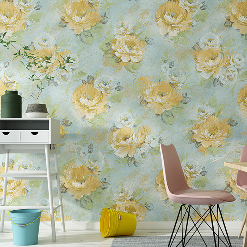 Blossoming Roses Wall Decor 20.5 in x 33 ft Rural Wallpaper Roll for Girls Bedroom Blue-Yellow Clearhalo 'Country wall decor' 'Rustic' 'Wallpaper' Wall Decor' 1063239