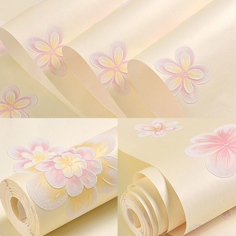 Floral Wallpaper Roll for Children Bedroom Non-Woven Fabric Wall Decor in Pastel Color, Water-Resistant Yellow Clearhalo 'Country wall decor' 'Rustic' 'Wallpaper' Wall Decor' 1063423