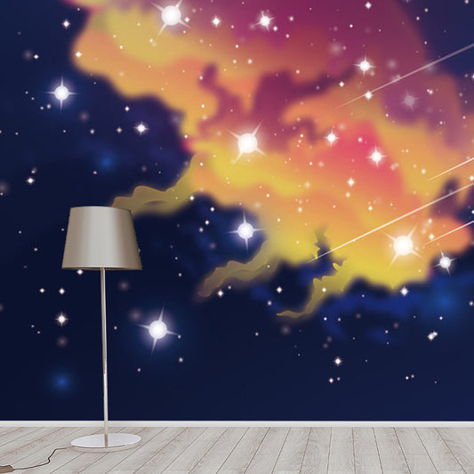 Whole Illustration Nordic Mural Wallpaper for Children with Starry Sky Design in Blue and Yellow