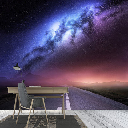 Road and Galaxy Mural Wallpaper for Bedroom Modern Wall Decor in Purple, Customized Size Available Purple Clearhalo 'Wall Decor' 'Wall Mural' 1112834