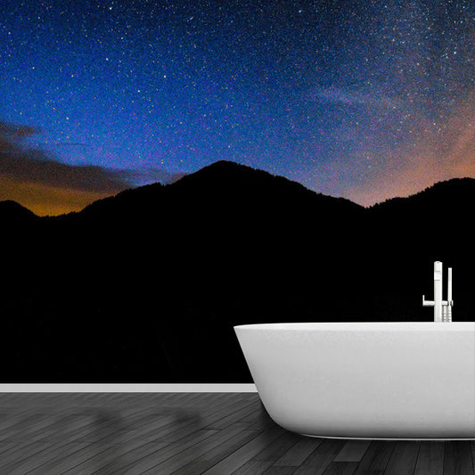 Full Sky and Mountain Mural Wallpaper in Blue Non-Woven Fabric Wall Decor for Bedroom, Made to Measure