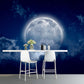 Nordic Moon and Cloud Mural for Bedroom Decor, Customized Size Wall Covering in Blue Clearhalo 'Wall Decor' 'Wall Mural' 1114090
