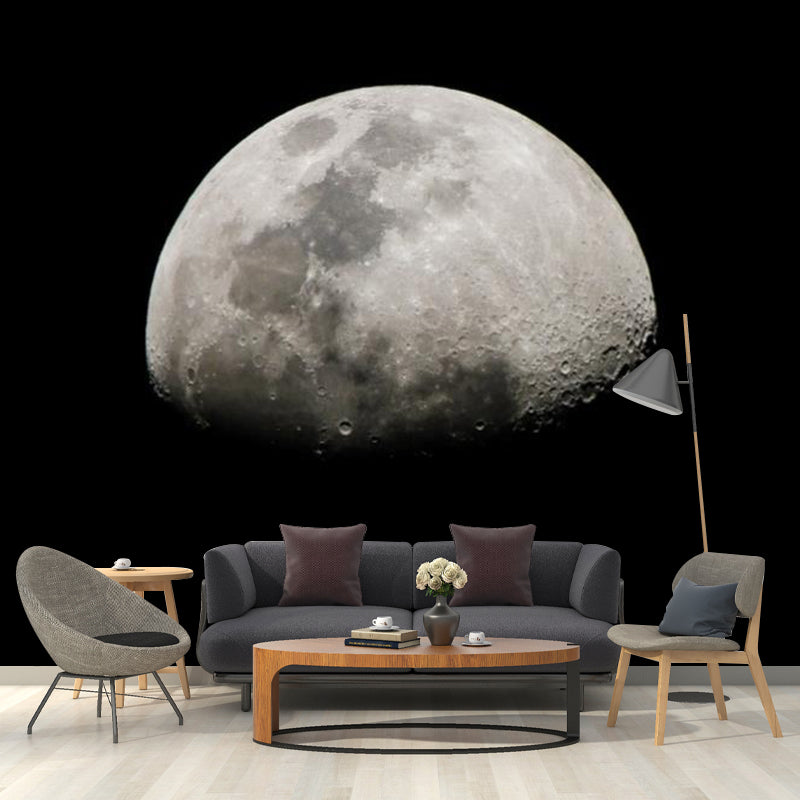 Extra Large Photography Wall Mural for Accent Wall with Moon Design in Black and Grey Clearhalo 'Wall Decor' 'Wall Mural' 1114100