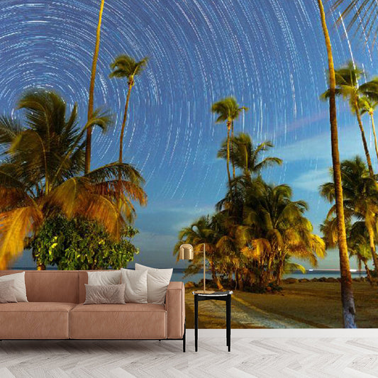 Nordic Sky and Tree Mural for Home Decoration, Customized Size Wall Covering in Blue and Green