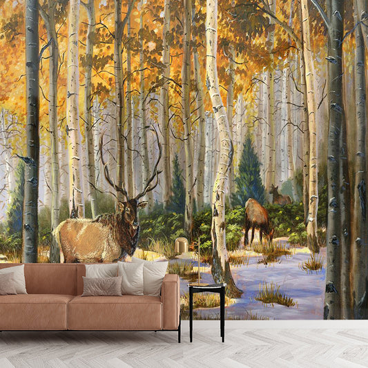 Yellow and Brown Retro Mural Personalized Size Elk Deer and Jungle Wall Art for Bedroom Clearhalo 'Wall Decor' 'Wall Mural' 1114380