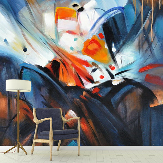 Contemporary Watercolors Mural Wallpaper in Orange and Blue Guest Room Wall Art, Personalized Size Available