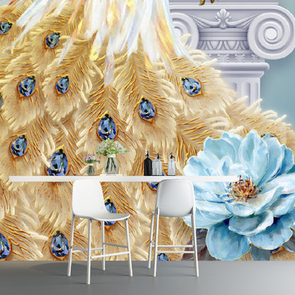 Aesthetic Peacock and Blossom Mural for Gallery Decor, Custom-Made Wall Art in Blue and Brown Blue-Brown Clearhalo 'Wall Decor' 'Wall Mural' 1114494