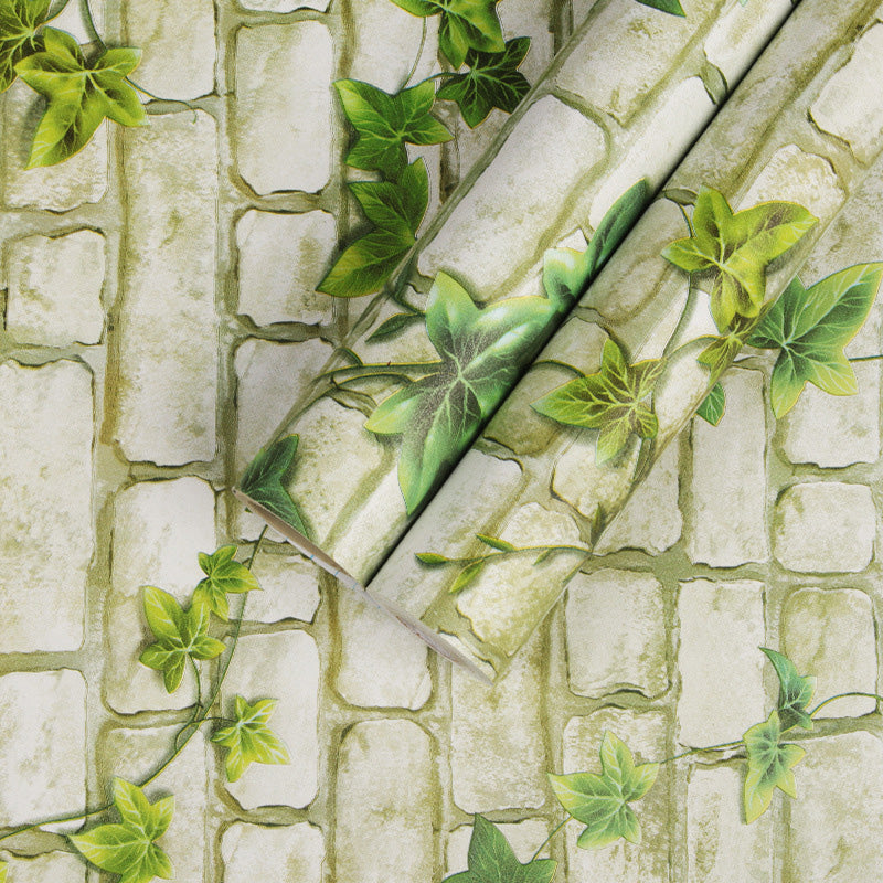 33' x 20.5" Brickwork Wallpaper for Bedroom Ivy Wall Covering in Grey and Green, Self-Adhesive Clearhalo 'Country wall decor' 'Rustic' 'Wallpaper' Wall Decor' 1114635