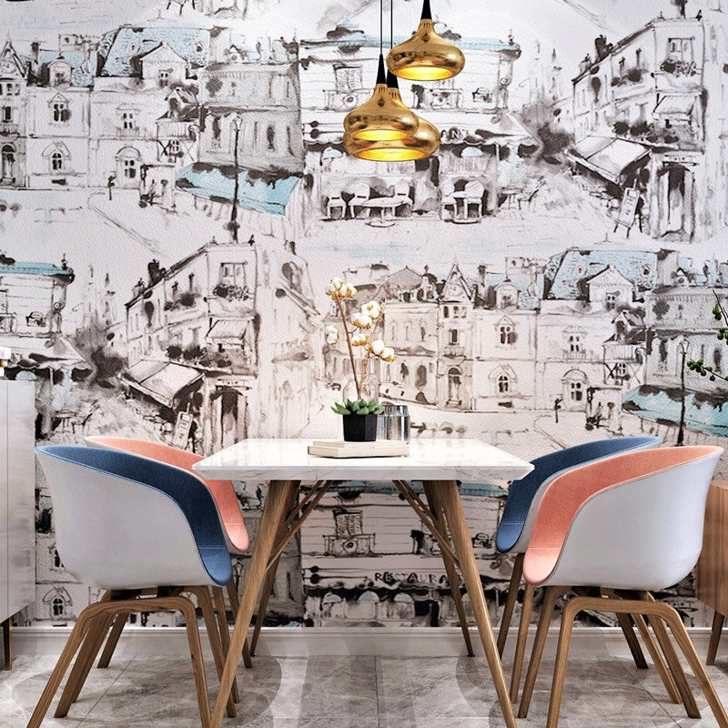 Industrial Oil Painting Wallpaper Roll for Dining Room, Grey and Yellow, 33-foot x 20.5-inch Gray-Blue Clearhalo 'Industrial wall decor' 'Industrial' 'Wallpaper' Wall Decor' 1116452