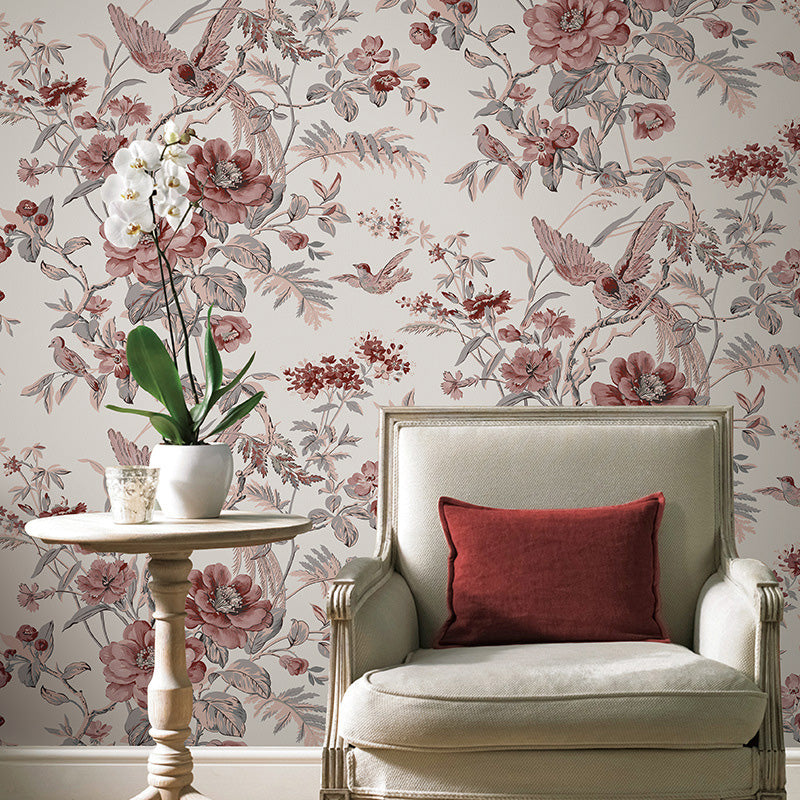 Blossoming Flower and Bird Wallpaper Roll for Accent Wall, Soft Color, 20.5"W x 33'L Rose Red Clearhalo 'Country wall decor' 'Rustic' 'Wallpaper' Wall Decor' 1116577