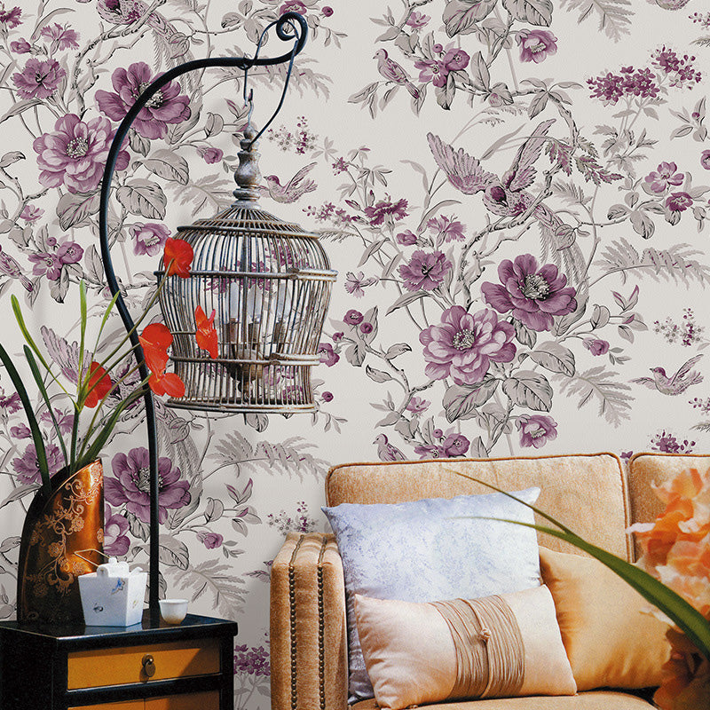 Blossoming Flower and Bird Wallpaper Roll for Accent Wall, Soft Color, 20.5"W x 33'L Purple Clearhalo 'Country wall decor' 'Rustic' 'Wallpaper' Wall Decor' 1116580