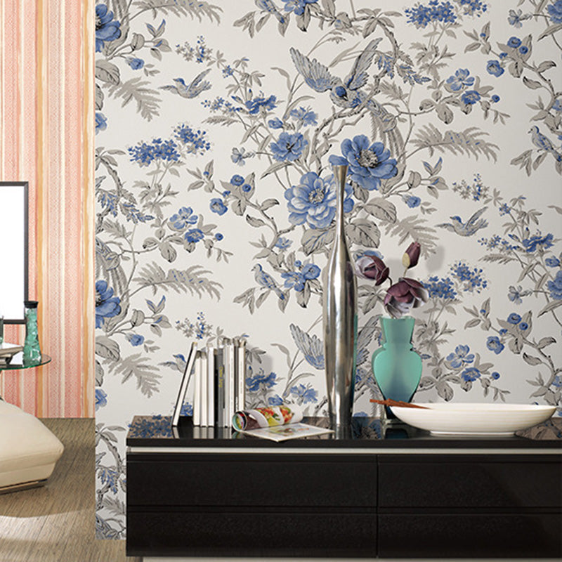 Blossoming Flower and Bird Wallpaper Roll for Accent Wall, Soft Color, 20.5"W x 33'L Blue Clearhalo 'Country wall decor' 'Rustic' 'Wallpaper' Wall Decor' 1116586
