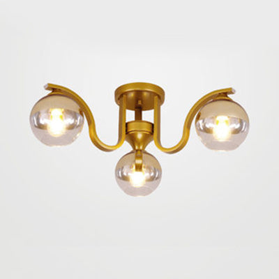Globe Shade Study Room Ceiling Light Clear Glass 3 Lights Simple Style Semi Ceiling Mount Light Gold Clearhalo 'Ceiling Lights' 'Close To Ceiling Lights' 'Close to ceiling' 'Glass shade' 'Glass' 'Semi-flushmount' Lighting' 111843