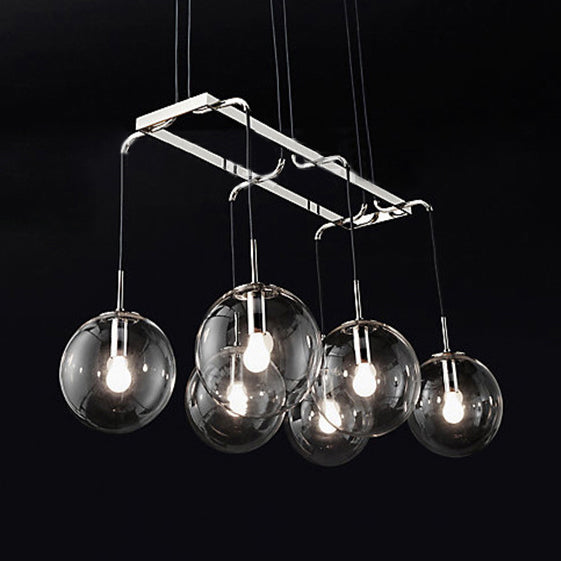 Linear Smoke Glass Island Lighting Industrial 6/8/10 Lights Nickel/Bronze Led Hanging Lamp Fixture with Ball Shade 6 Nickel Clearhalo 'Ceiling Lights' 'Glass shade' 'Glass' 'Island Lights' Lighting' 112036