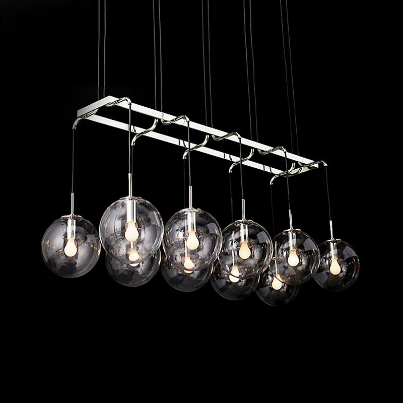 Linear Smoke Glass Island Lighting Industrial 6/8/10 Lights Nickel/Bronze Led Hanging Lamp Fixture with Ball Shade Clearhalo 'Ceiling Lights' 'Glass shade' 'Glass' 'Island Lights' Lighting' 112041