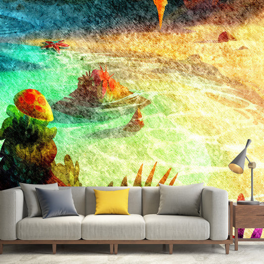 Full River and Forest Mural Wallpaper in Yellow ans Green Non-Woven Fabric Wall Decor for Living Room, Made to Measure