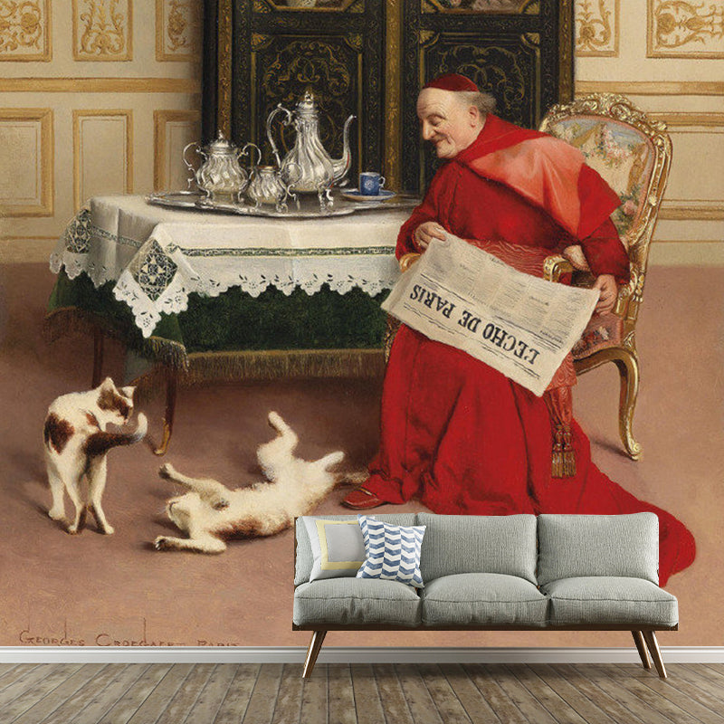 Enormous Illustration Vintage Wall Mural for Fireplace Decor with Bishop and Dog Design in Red and Brown Red Brown A Clearhalo 'Wall Decor' 'Wall Mural' 1121035