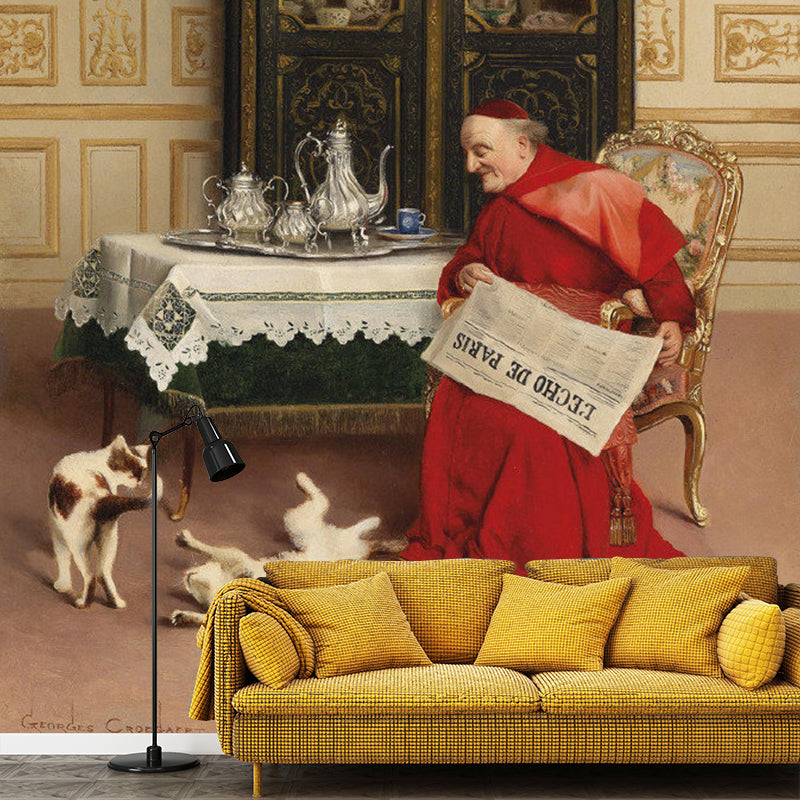 Enormous Illustration Vintage Wall Mural for Fireplace Decor with Bishop and Dog Design in Red and Brown Clearhalo 'Wall Decor' 'Wall Mural' 1121036