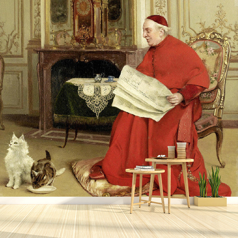 Enormous Illustration Vintage Wall Mural for Fireplace Decor with Bishop and Dog Design in Red and Brown Red Brown B Clearhalo 'Wall Decor' 'Wall Mural' 1121040