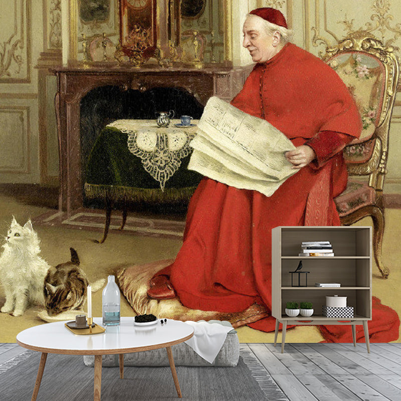 Enormous Illustration Vintage Wall Mural for Fireplace Decor with Bishop and Dog Design in Red and Brown Clearhalo 'Wall Decor' 'Wall Mural' 1121042