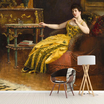 Enormous Vintage Wall Mural Decal in Yellow and Brown Lady Wall Covering, Personalized Size Available Yellow-Brown Clearhalo 'Wall Decor' 'Wall Mural' 1121113