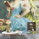 Blue and Yellow Mid-Century Mural Wallpaper Custom-Printed Lady Wall Decor for Fireplace